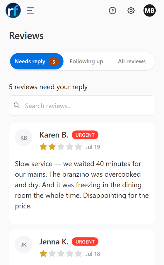 The ReviewFloAI inbox on a phone