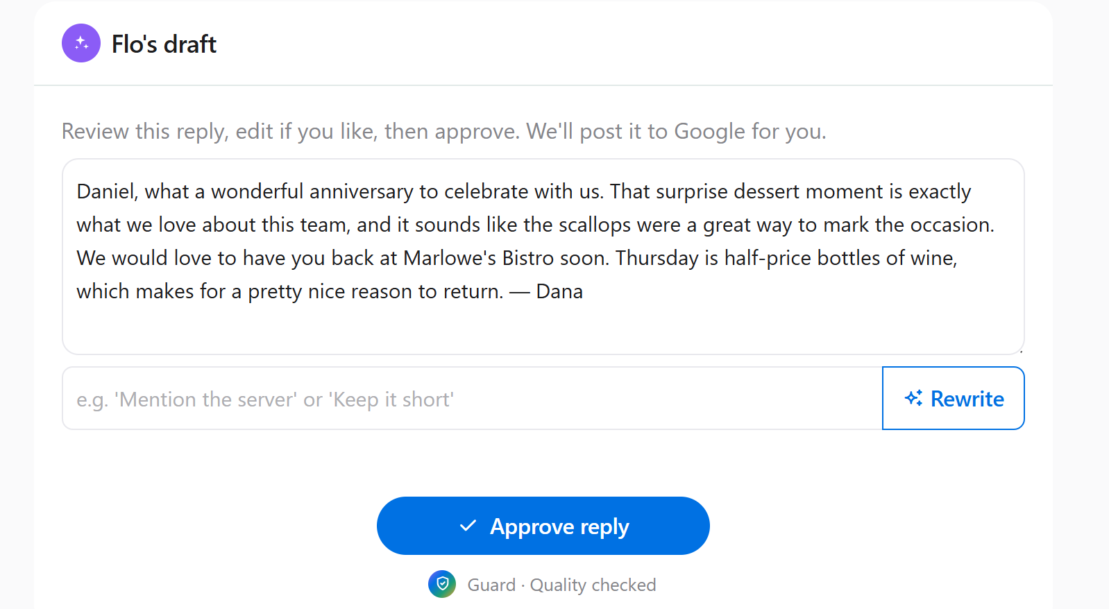 Flo's drafted reply inside ReviewFloAI