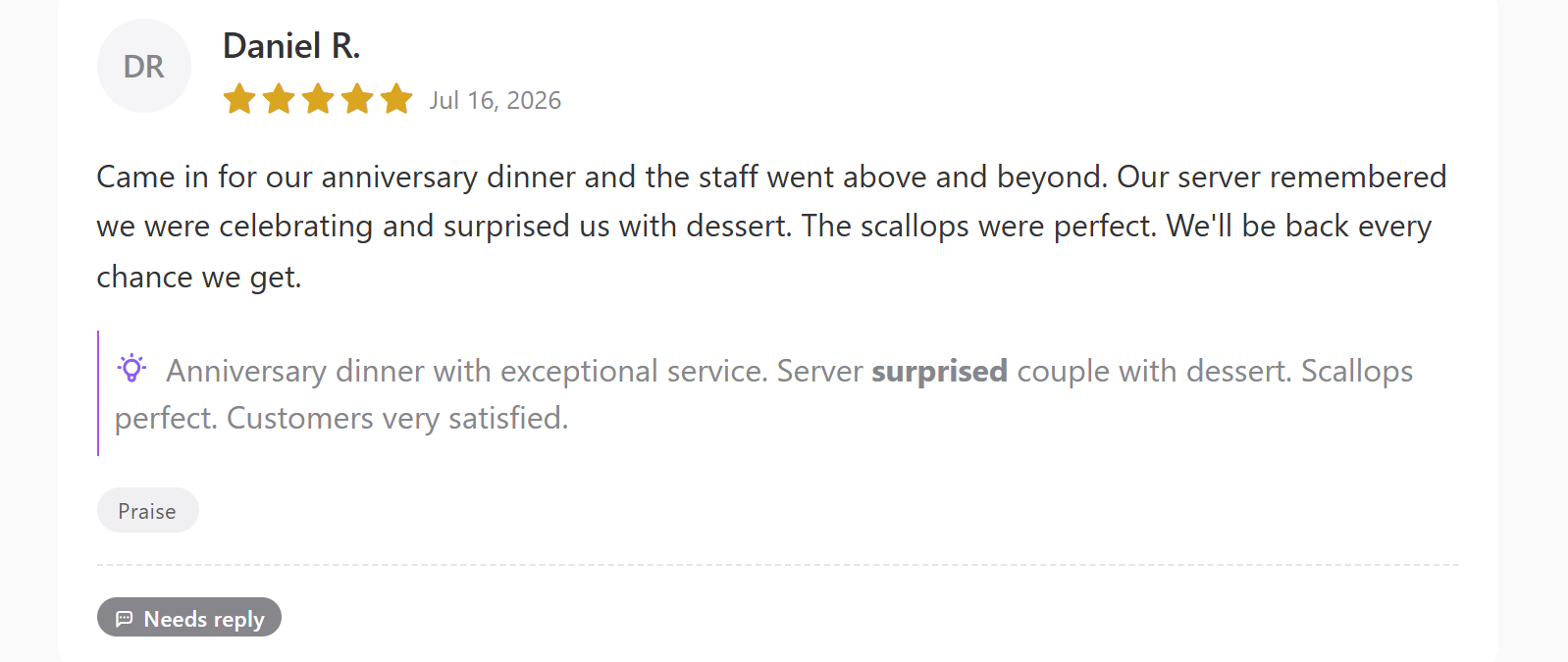 A five-star review from Daniel R. inside ReviewFloAI