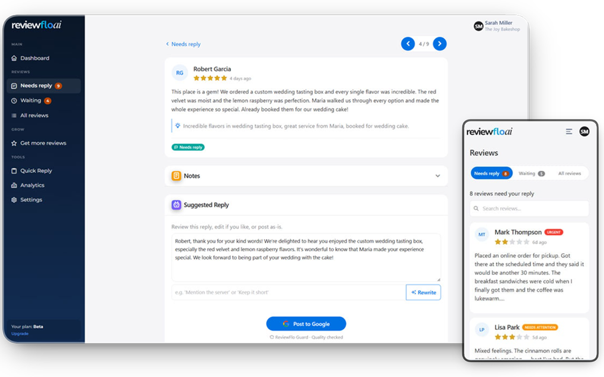 ReviewFlo AI dashboard and mobile inbox