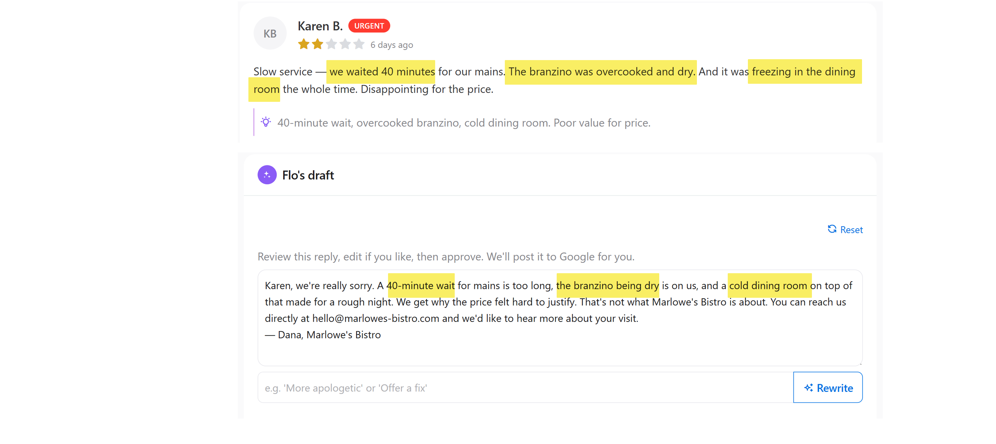 ReviewFloAI reply addressing every complaint