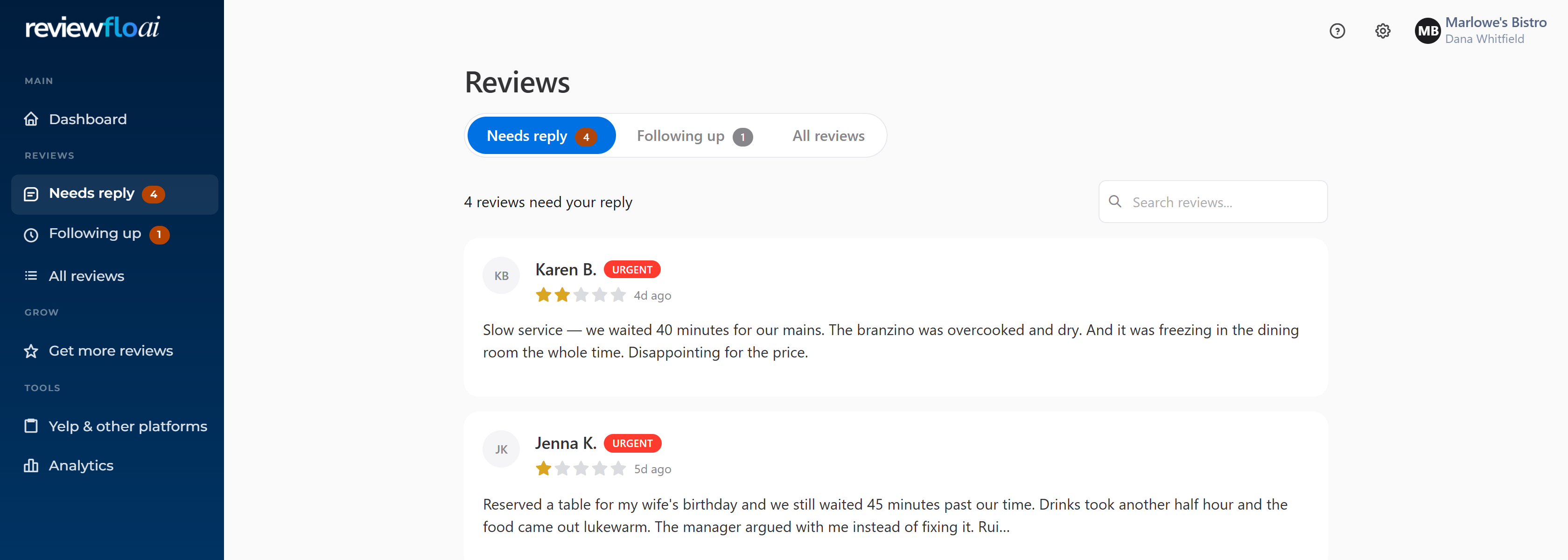 ReviewFloAI inbox — reviews sorted by priority