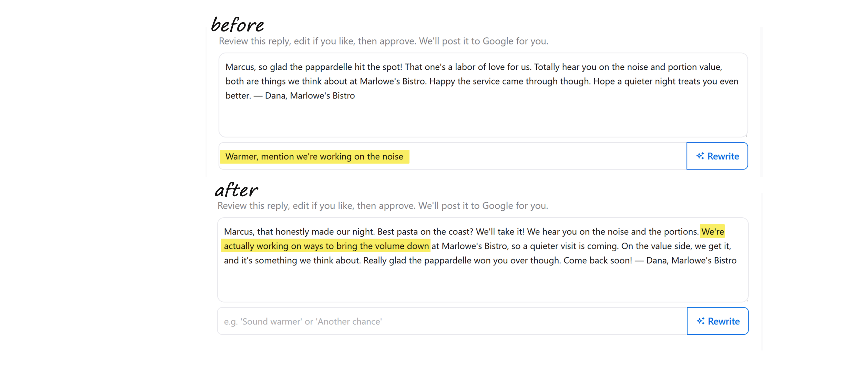 ReviewFloAI reply editor with steering instruction